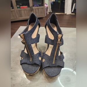 Guess Dark Blue Denim Sandals with Gold Zipper